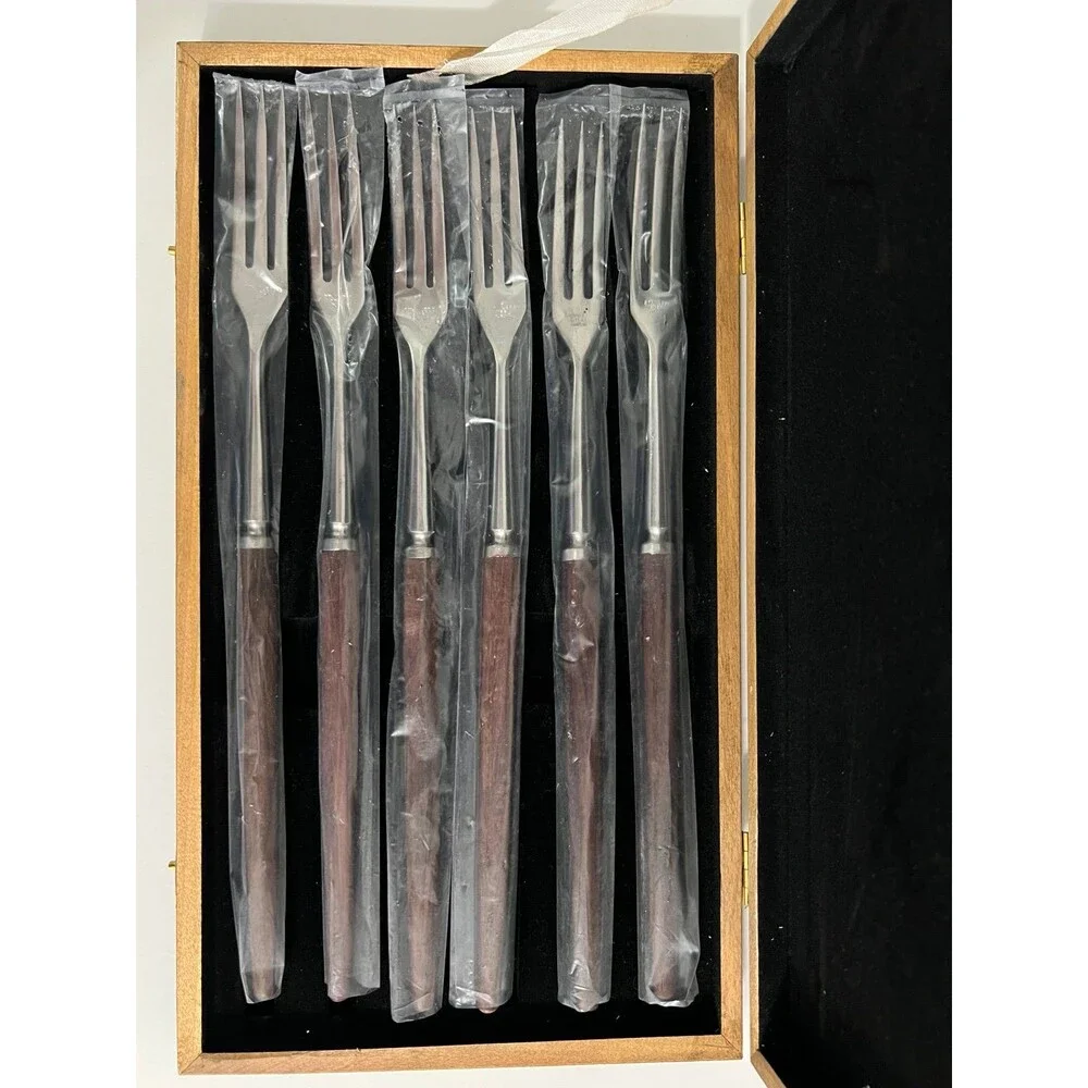 VTG 3 Prong Long Fork box set of 6 stainless steel w/ wood handle